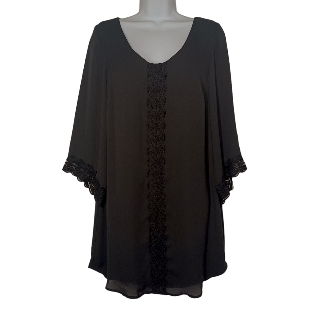 ASTR Crochet Lace Black Wide Sleeve Mini Shift Boho Black Dress Small